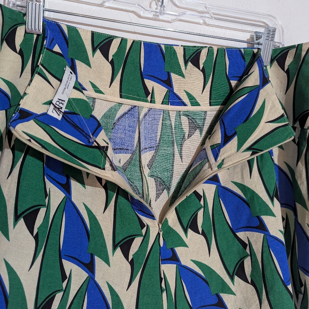 ZARA Regatta Tan Blue Green Printed Zipper Back Linen Blend Shorts Size XXL NWOT - Picture 7 of 14
